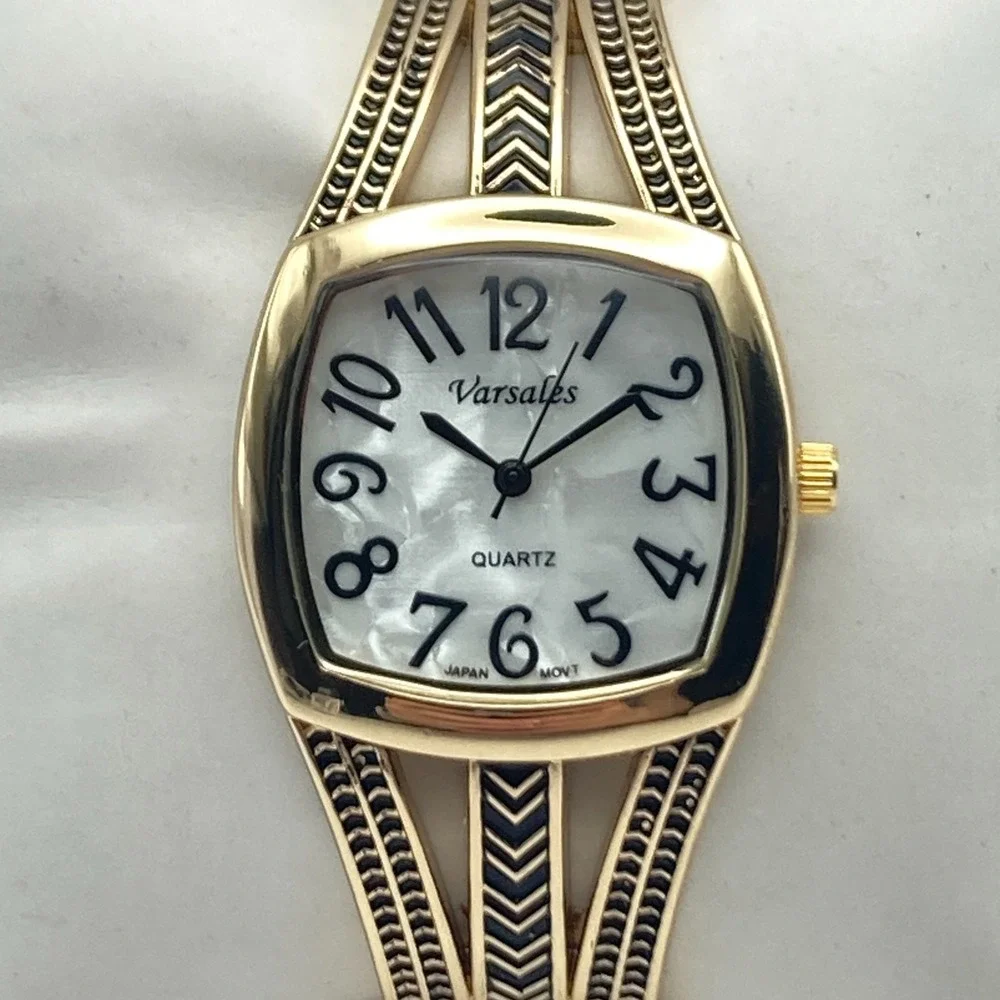 Varsales Women's Watch Gold Tone Cuff MOP Dial Textured Band New Battery 6.75